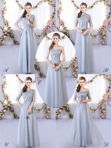 Cheap Grey Tulle Lace Up Dama Dress for Quinceanera Sleeveless Floor Length Appliques