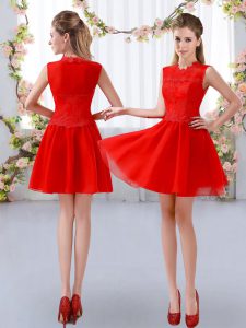 Artistic High-neck Sleeveless Zipper Dama Dress for Quinceanera Red Chiffon