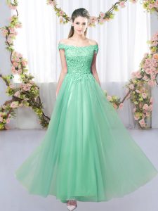 Edgy Sleeveless Tulle Floor Length Lace Up Vestidos de Damas in Apple Green with Lace