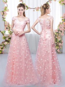 Pink Lace Up Off The Shoulder Appliques Dama Dress Tulle Cap Sleeves
