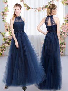 Fantastic Appliques Quinceanera Dama Dress Navy Blue Lace Up Sleeveless Floor Length