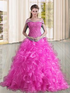 Pretty Fuchsia A-line Beading and Lace and Ruffles Quinceanera Gowns Lace Up Organza Sleeveless
