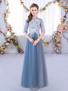 Colorful Blue A-line Tulle High-neck Half Sleeves Lace Floor Length Lace Up Dama Dress