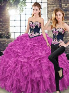 Discount Fuchsia Ball Gowns Organza Sweetheart Sleeveless Embroidery and Ruffles Lace Up Ball Gown Prom Dress Sweep Train
