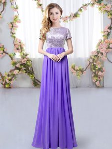 Lavender Empire Sequins Vestidos de Damas Zipper Chiffon Short Sleeves Floor Length