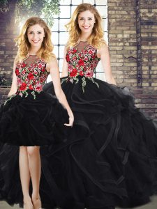 Scoop Sleeveless 15th Birthday Dress Floor Length Embroidery and Ruffles Black