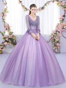 Lavender V-neck Zipper Lace and Appliques Quinceanera Dresses Long Sleeves