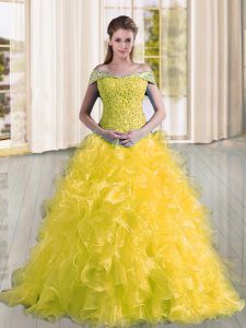 Suitable Off The Shoulder Sleeveless Quinceanera Gowns Sweep Train Beading and Lace and Ruffles Yellow Organza
