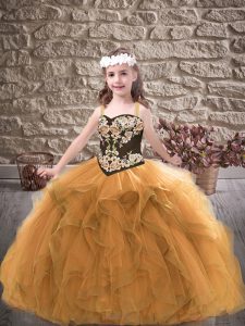 Gold Sleeveless Floor Length Embroidery and Ruffles Lace Up Pageant Gowns For Girls