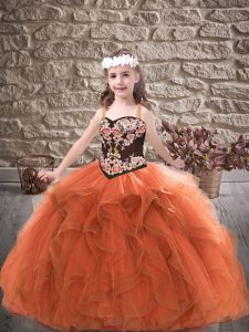 Best Rust Red Ball Gowns Straps Sleeveless Tulle Floor Length Lace Up Embroidery and Ruffles Little Girl Pageant Dress