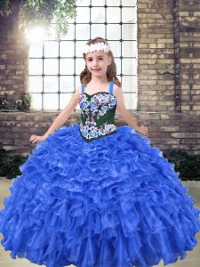 Blue Sleeveless Embroidery and Ruffles Floor Length Child Pageant Dress