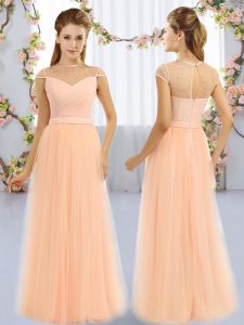 Chic Peach High-neck Neckline Beading Vestidos de Damas Cap Sleeves Zipper