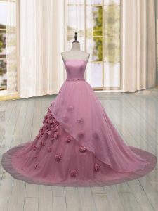 Exquisite Tulle Sleeveless Vestidos de Quinceanera Brush Train and Hand Made Flower