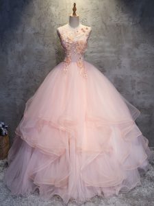 Ball Gowns Quinceanera Gown Pink Scoop Tulle Sleeveless Floor Length Lace Up