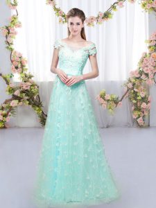 Most Popular Apple Green Empire Off The Shoulder Cap Sleeves Tulle Floor Length Lace Up Appliques Dama Dress