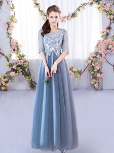 Elegant Blue Lace Up Quinceanera Court of Honor Dress Lace Half Sleeves Floor Length