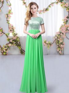 Short Sleeves Zipper Floor Length Sequins Quinceanera Court of Honor Dress