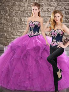 Sleeveless Sweep Train Lace Up Quince Ball Gowns in Purple with Embroidery and Ruffles