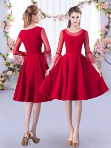Hot Selling Scoop 3 4 Length Sleeve Vestidos de Damas Knee Length Ruching Red Satin