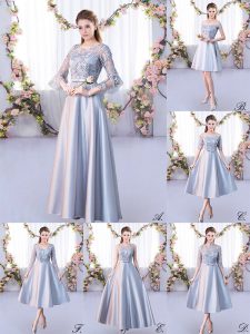 Spectacular Silver Lace Up Vestidos de Damas Lace 3 4 Length Sleeve Floor Length