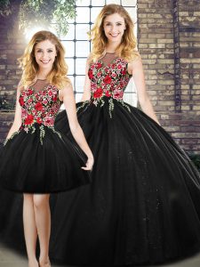 Super Black Ball Gowns Tulle Scoop Sleeveless Embroidery Floor Length Zipper Ball Gown Prom Dress