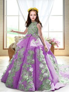 Lilac Ball Gowns High-neck Sleeveless Satin Court Train Backless Appliques Little Girls Pageant Gowns