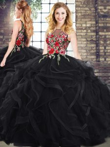 Artistic Scoop Sleeveless Ball Gown Prom Dress Embroidery and Ruffles Black
