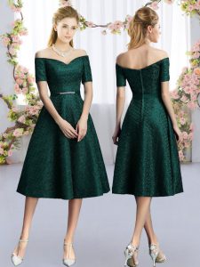 Custom Made Tea Length A-line Short Sleeves Dark Green Court Dresses for Sweet 16