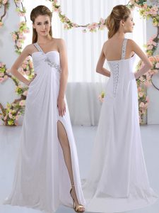 Classical White Empire Chiffon One Shoulder Sleeveless Beading Lace Up Court Dresses for Sweet 16 Brush Train