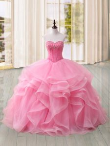 Artistic Sweetheart Sleeveless Sweet 16 Dress Sweep Train Beading and Ruffles Pink Tulle