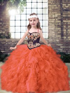 Amazing Ball Gowns Pageant Gowns For Girls Orange Red Straps Tulle Sleeveless Floor Length Lace Up