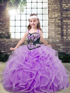 Adorable Lavender Lace Up Little Girl Pageant Dress Embroidery and Ruffles Sleeveless Floor Length