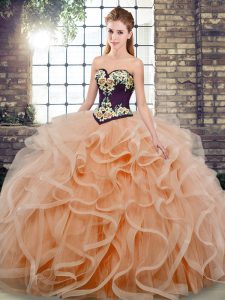 Flirting Peach Ball Gowns Tulle Sweetheart Sleeveless Embroidery and Ruffles Lace Up Quinceanera Dresses Sweep Train