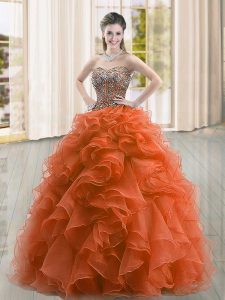 Flirting Floor Length Lace Up Quinceanera Gowns Rust Red for Military Ball and Sweet 16 and Quinceanera with Beading and Ruffles