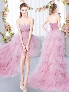 Sweetheart Sleeveless Dama Dress for Quinceanera High Low Beading and Ruffles Pink Tulle