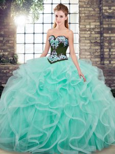 Modest Aqua Blue Tulle Lace Up Sweetheart Sleeveless Ball Gown Prom Dress Sweep Train Embroidery and Ruffles