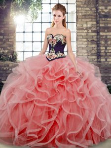 Sleeveless Sweep Train Lace Up Embroidery and Ruffles Sweet 16 Quinceanera Dress