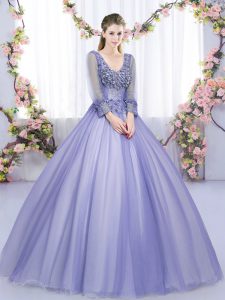 Lavender Long Sleeves Floor Length Lace and Appliques Lace Up 15 Quinceanera Dress