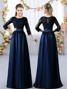 Dynamic Navy Blue Scoop Zipper Lace Quinceanera Dama Dress 3 4 Length Sleeve