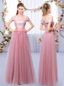 Pretty Off The Shoulder Sleeveless Tulle Quinceanera Dama Dress Appliques Lace Up
