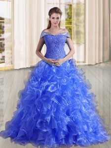 Glittering Blue Off The Shoulder Neckline Beading and Lace and Ruffles Sweet 16 Dresses Sleeveless Lace Up