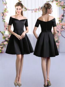 Off The Shoulder Short Sleeves Vestidos de Damas Mini Length Ruching Black Satin