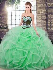 Luxurious Embroidery and Ruffles Quinceanera Gowns Apple Green Lace Up Sleeveless Sweep Train