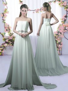 Flare Apple Green Empire Strapless Sleeveless Chiffon Brush Train Beading Vestidos de Damas
