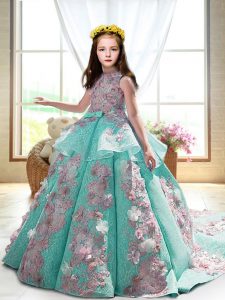 Turquoise Backless High-neck Appliques Little Girl Pageant Gowns Satin Sleeveless Court Train