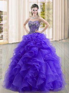 Flare Purple Sleeveless Floor Length Beading and Ruffles Lace Up Vestidos de Quinceanera