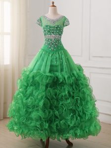 Organza V-neck Cap Sleeves Lace Up Beading and Ruffles Little Girls Pageant Dress Wholesale in Green