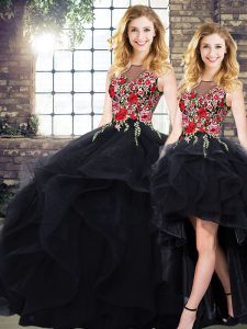 Modern Sleeveless Tulle Floor Length Lace Up Sweet 16 Quinceanera Dress in Black with Beading and Embroidery