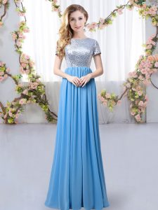 Spectacular Blue Quinceanera Court Dresses Prom and Party and Wedding Party with Sequins Scoop Short Sleeves Zipper
