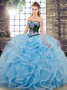 Popular Baby Blue Ball Gowns Tulle Sweetheart Sleeveless Embroidery Lace Up Quinceanera Gown Sweep Train